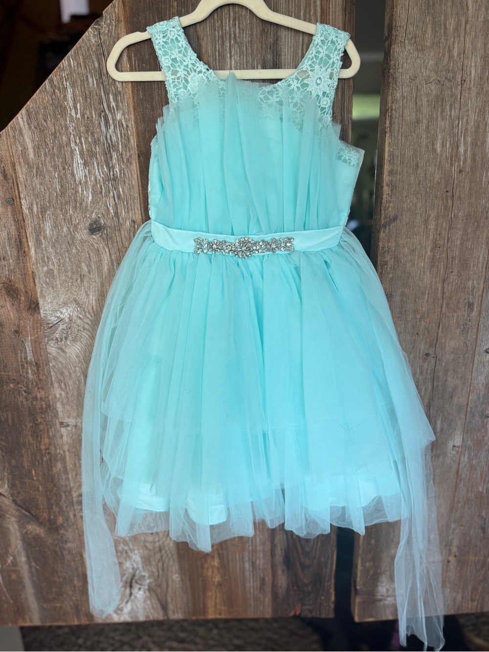 Rare Editions Aqua Tulle Dress with Lace Bodice and Jeweled Waist